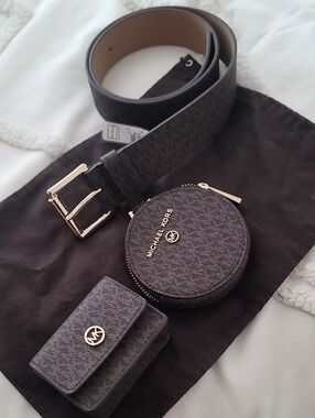 Michael Kors Brown Logo Belt Set with Coin Pouch and Card Wallet